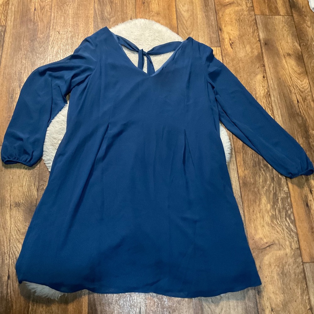 INC Dress Size XL‎ Long Sleeve Blue Tie Neck Flowy Sheer Sleeve Womens